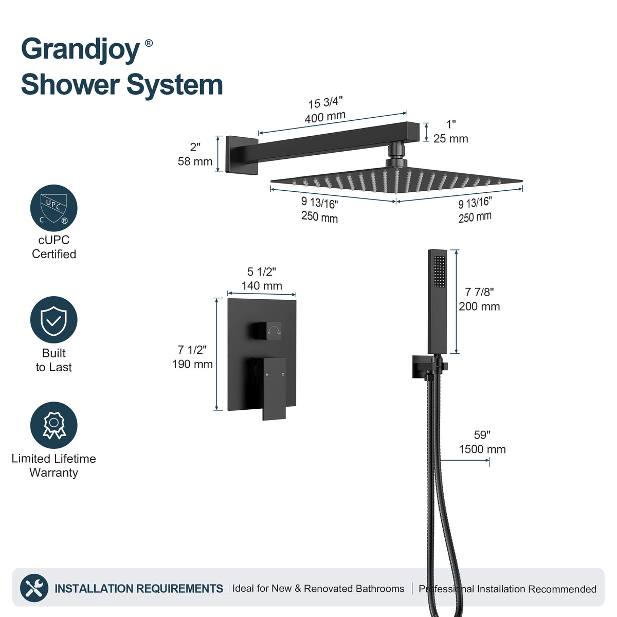 Square Wall-Mounted Pressure-Balanced Shower System with Handheld Spray