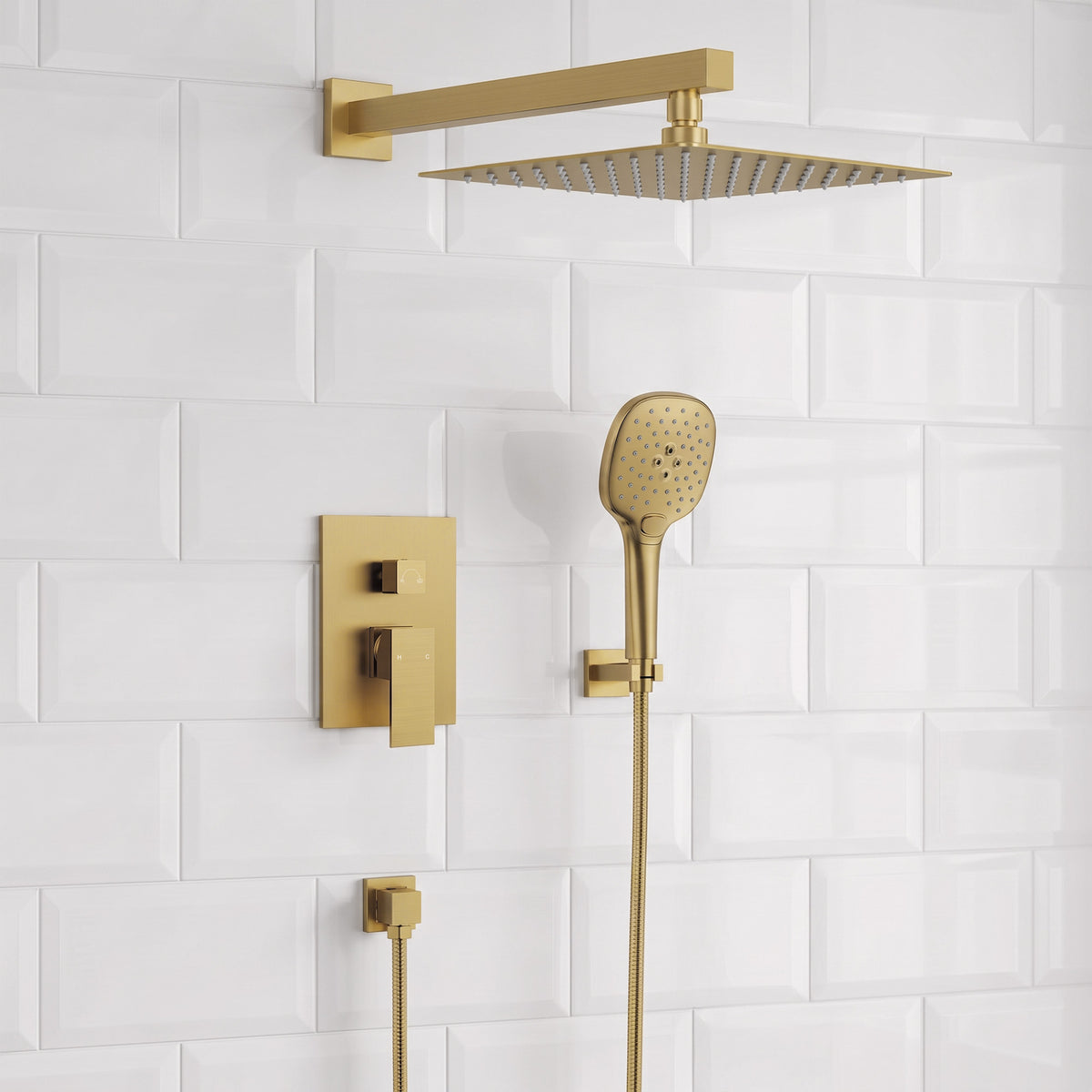 Square Wall-Mounted Pressure-Balanced Shower System with Adjustable Handheld