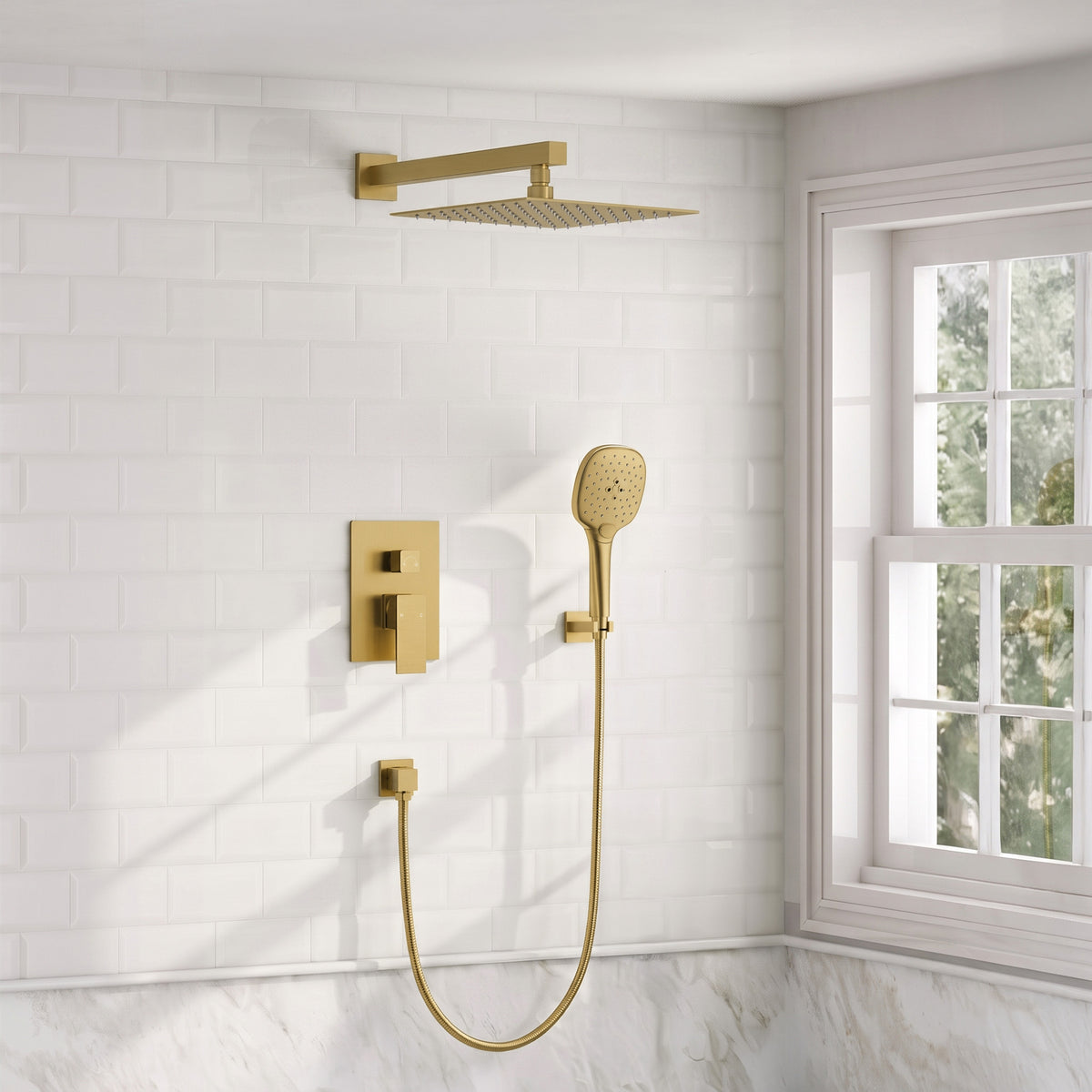 Square Wall-Mounted Pressure-Balanced Shower System with Adjustable Handheld