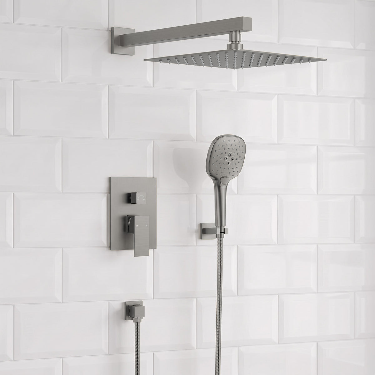 Square Wall-Mounted Pressure-Balanced Shower System with Adjustable Handheld