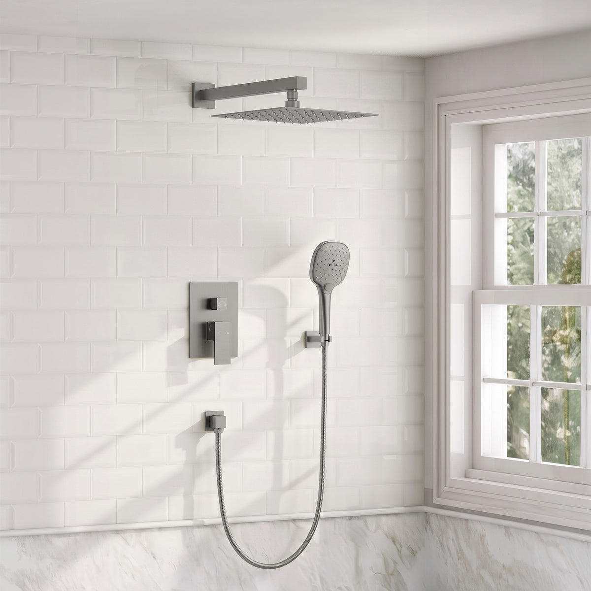 Square Wall-Mounted Pressure-Balanced Shower System with Adjustable Handheld