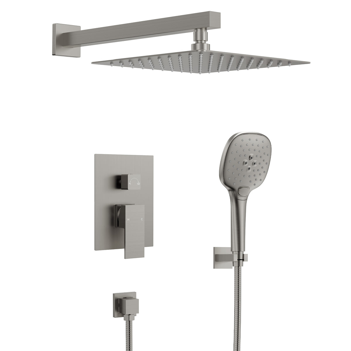 Square Wall-Mounted Pressure-Balanced Shower System with Adjustable Handheld