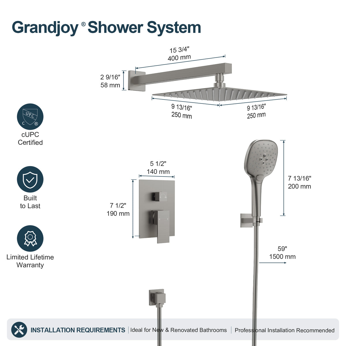 Square Wall-Mounted Pressure-Balanced Shower System with Adjustable Handheld