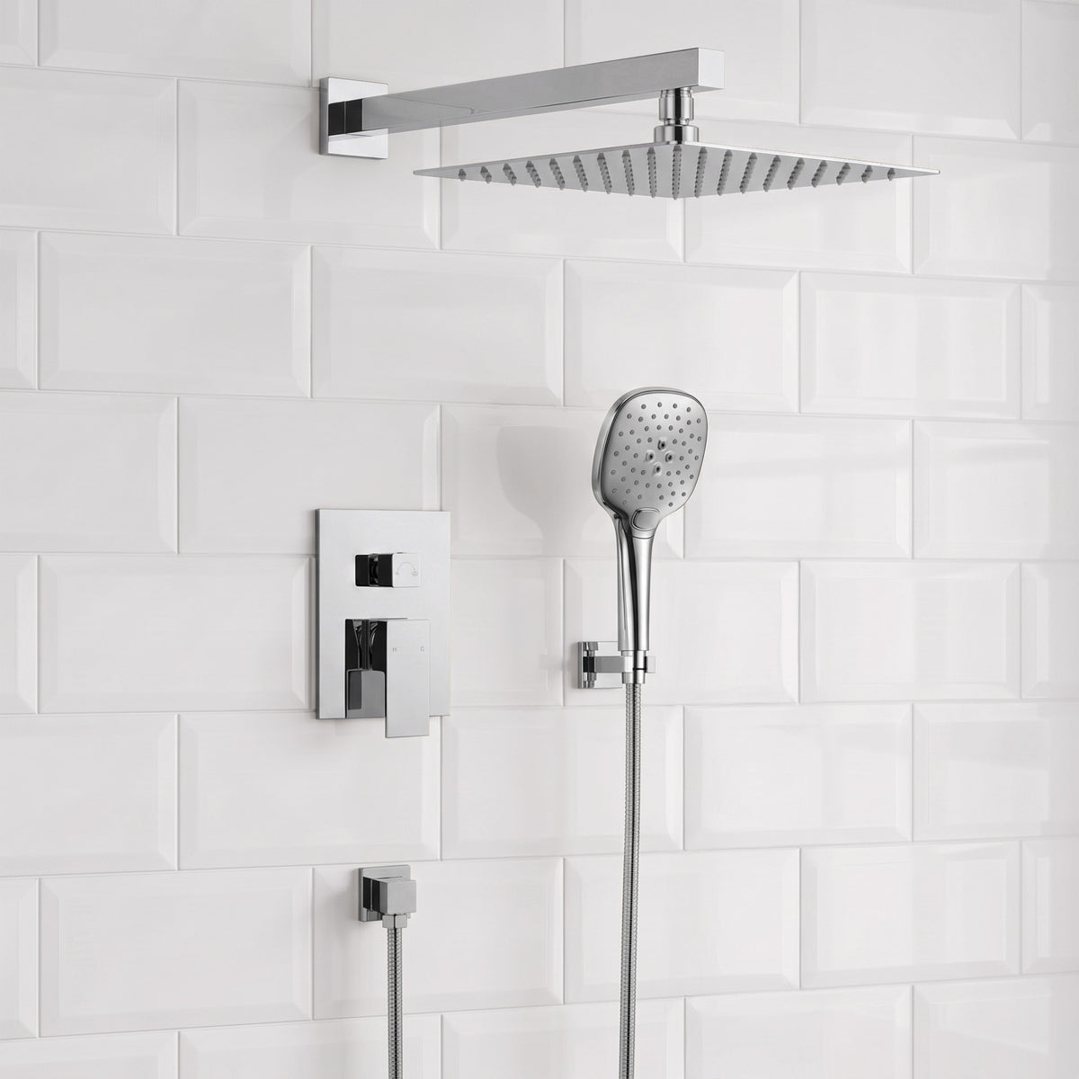Square Wall-Mounted Pressure-Balanced Shower System with Adjustable Handheld