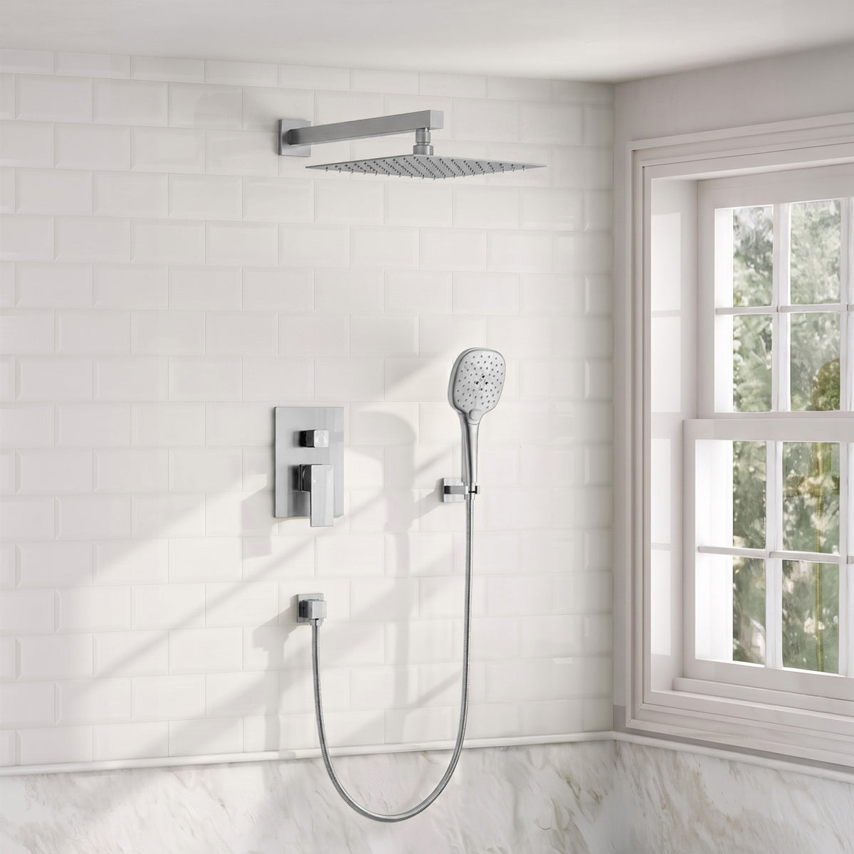 Square Wall-Mounted Pressure-Balanced Shower System with Adjustable Handheld