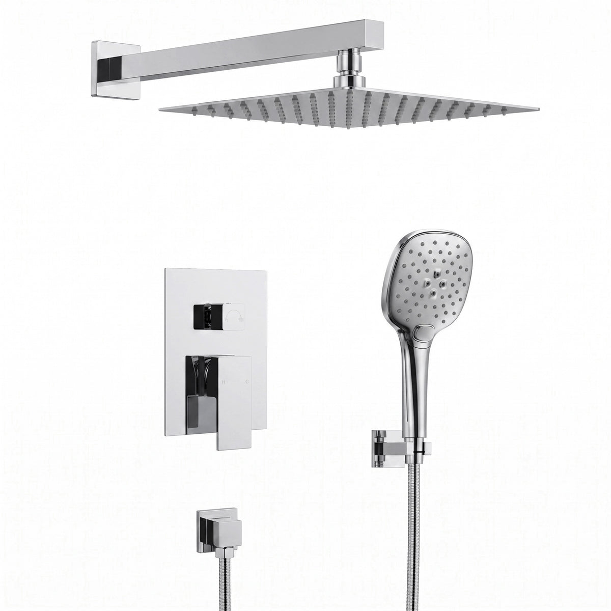 Square Wall-Mounted Pressure-Balanced Shower System with Adjustable Handheld