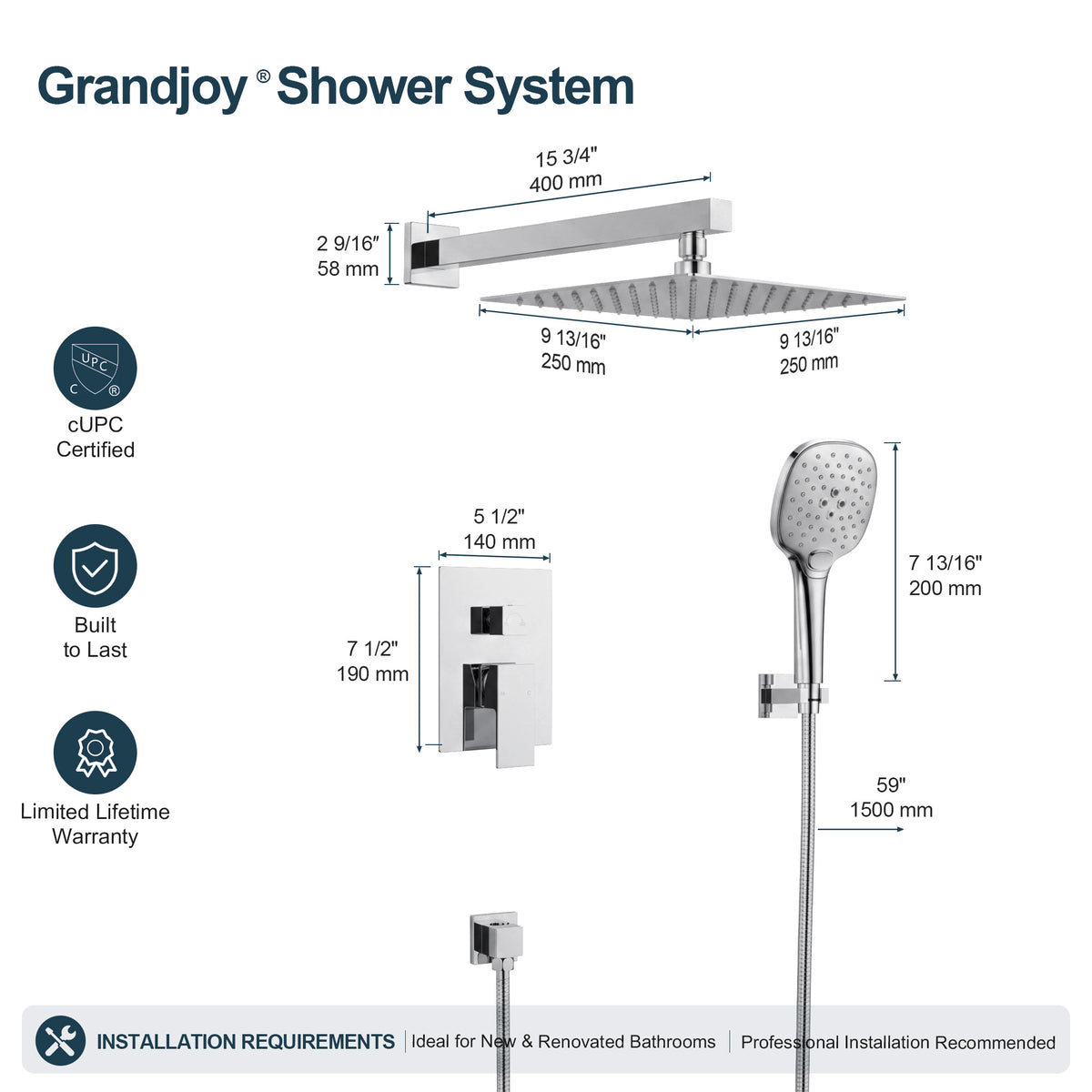 Square Wall-Mounted Pressure-Balanced Shower System with Adjustable Handheld