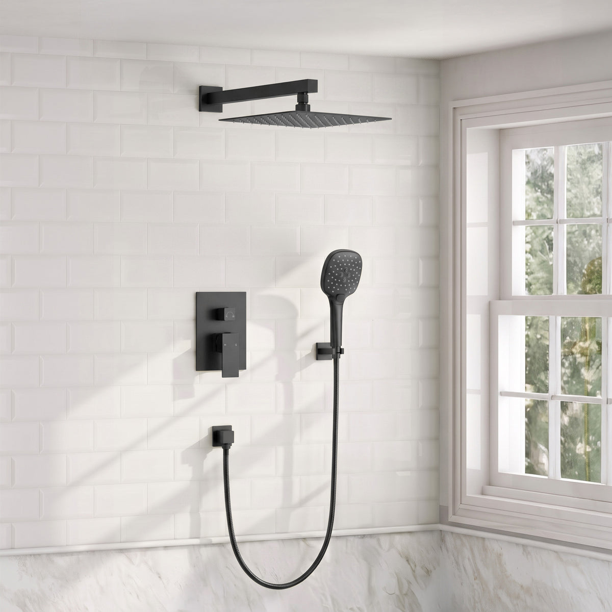 Square Wall-Mounted Pressure-Balanced Shower System with Adjustable Handheld