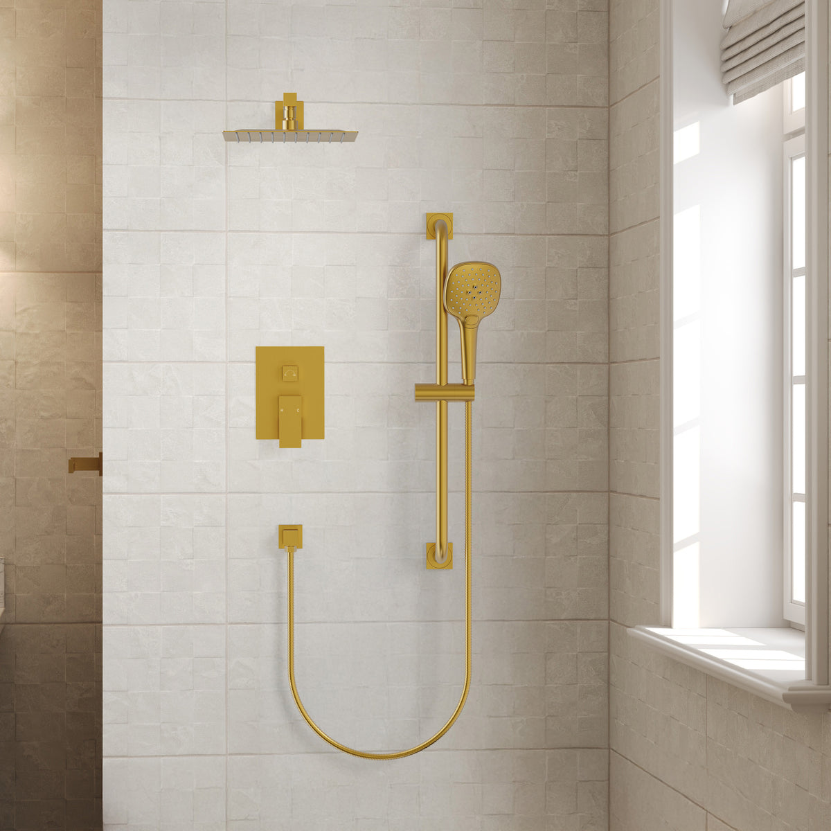Square Wall-Mounted Shower System with Adjustable Slide Bar