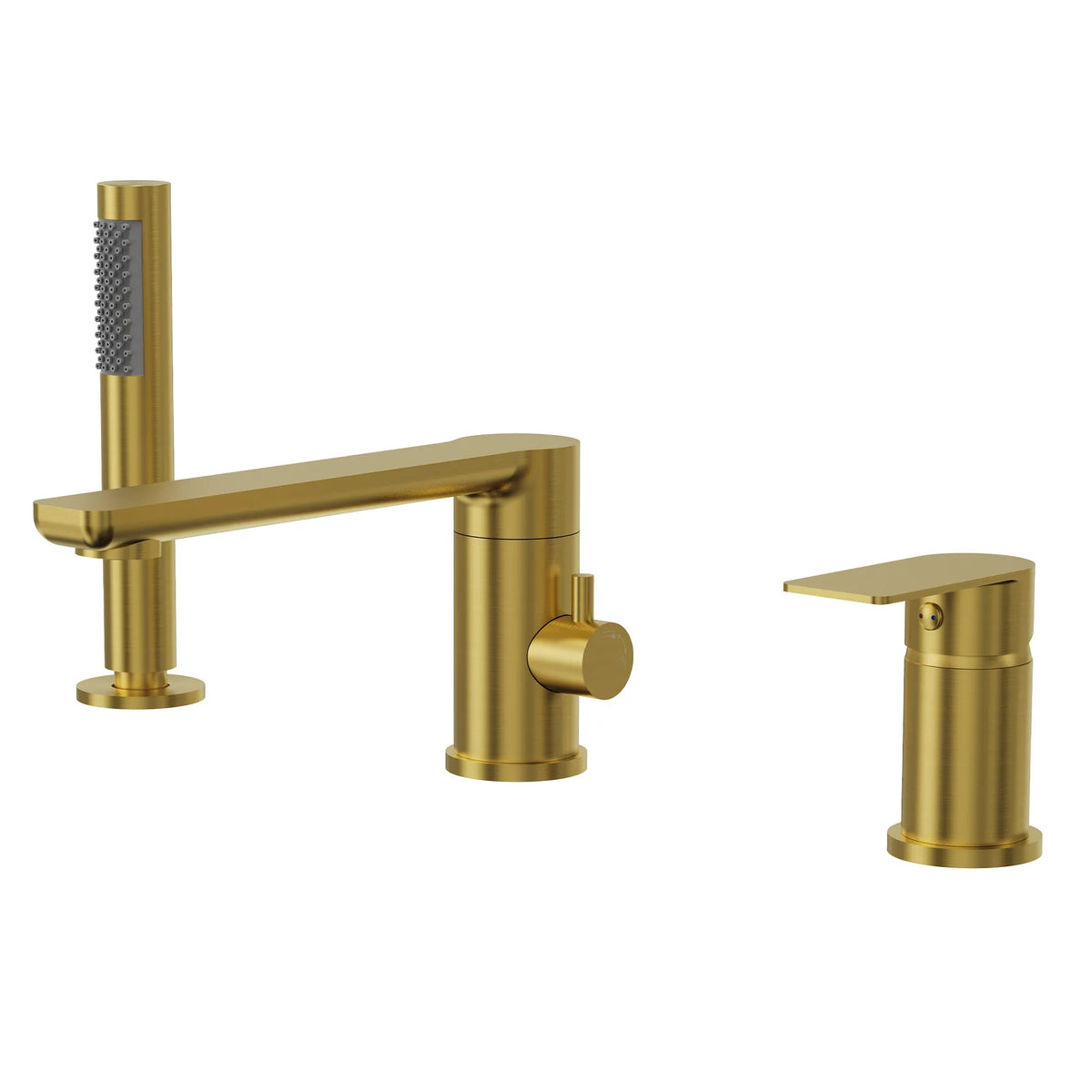 Low-Arc Deck-Mounted Bathtub Faucet with Hand Shower and Swivel Spout