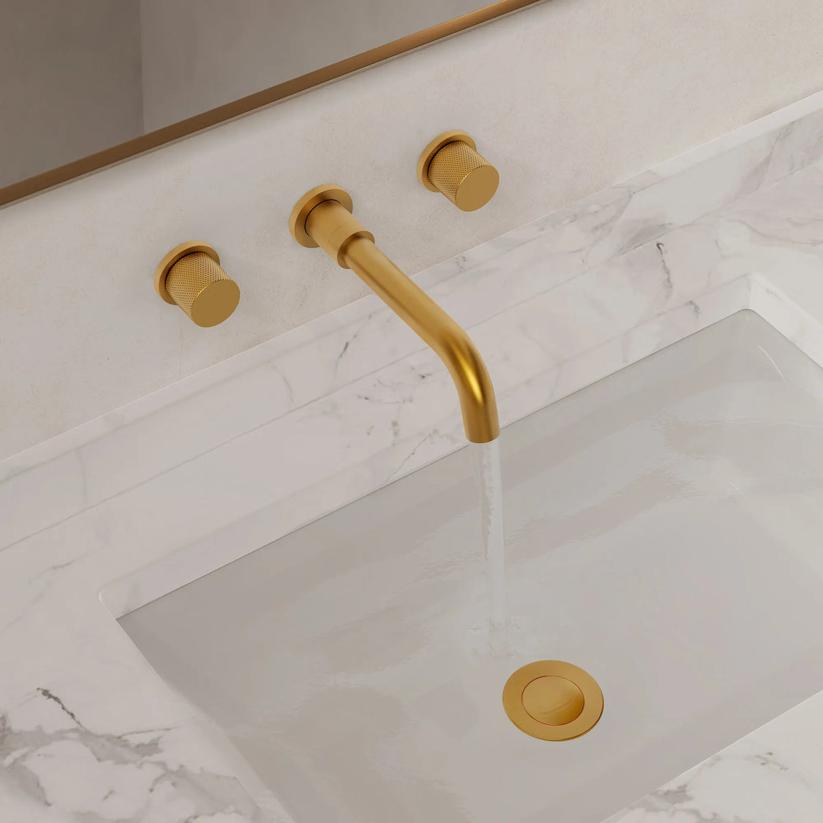 Two-Handle Wall-Mount Bathroom Sink Faucet With Pop-Up Drain