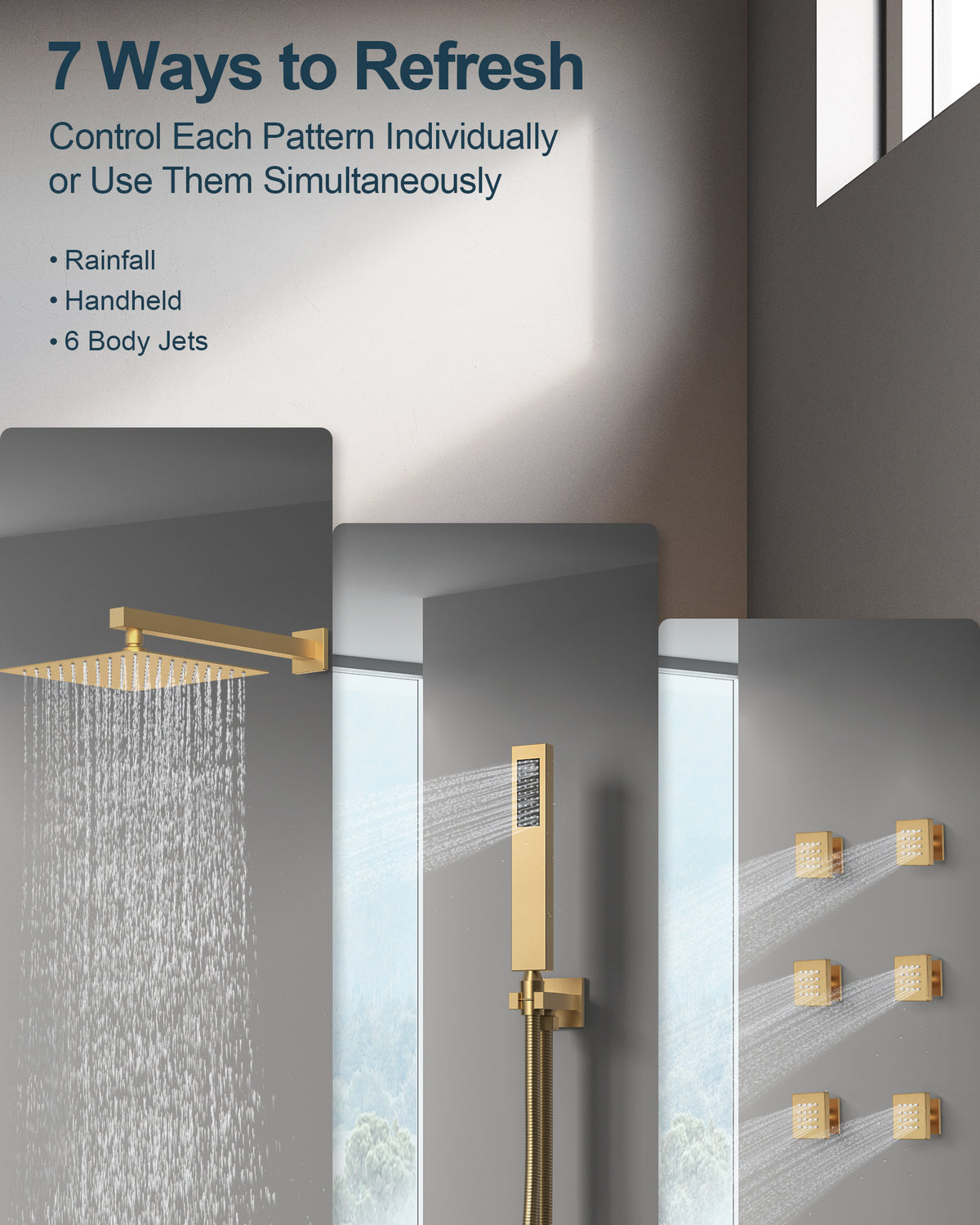 Wall-Mounted Thermostatic Rain Shower System with Body Jets and Handheld