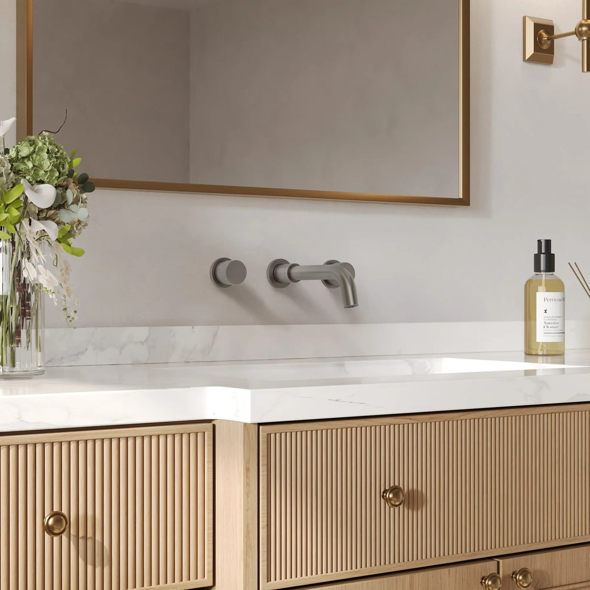 Two-Handle Wall-Mount Bathroom Sink Faucet With Pop-Up Drain