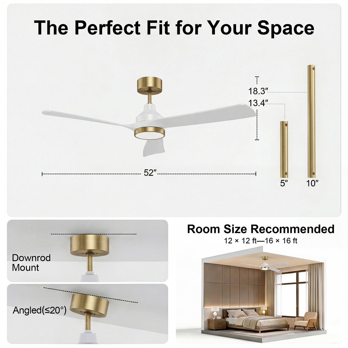 52-Inch Downrod Mount 3-Blade Ceiling Fan with Light and Remote Control