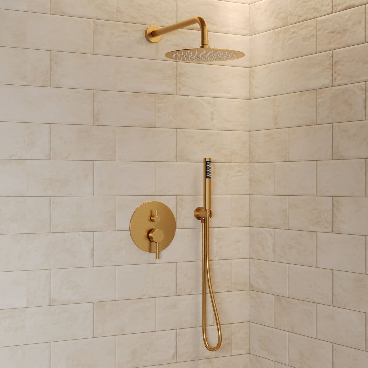 Round Wall-Mounted Shower System with Rainfall Head and Handheld