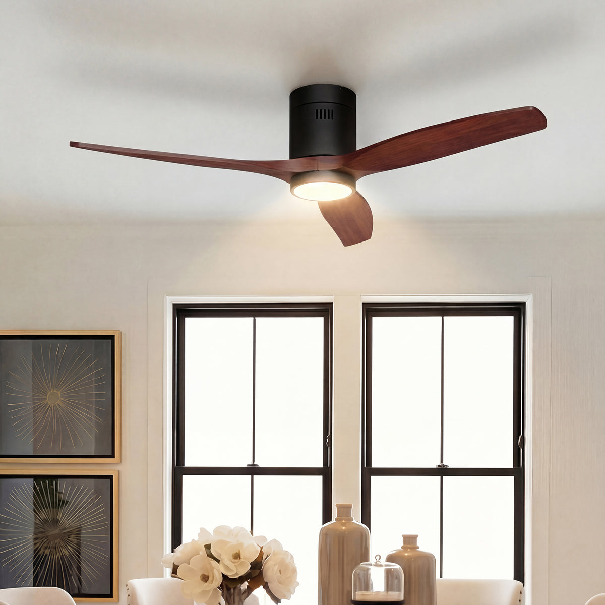 52-Inch Flush-Mount 3-Blade Ceiling Fan with Light, Wall Control and Remote