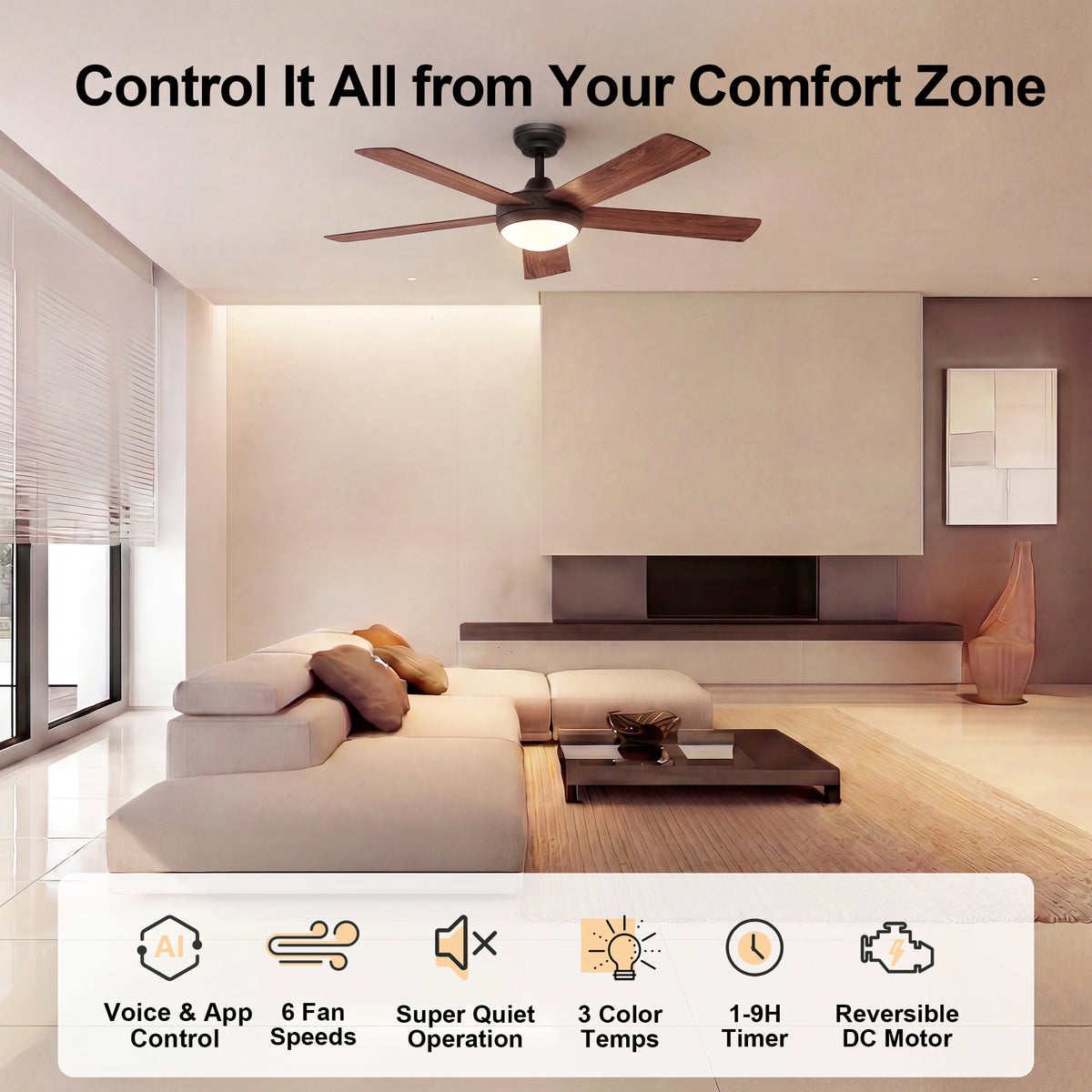 48-Inch Downrod Mount 5-Blade Ceiling Fan with Light and Smart Control