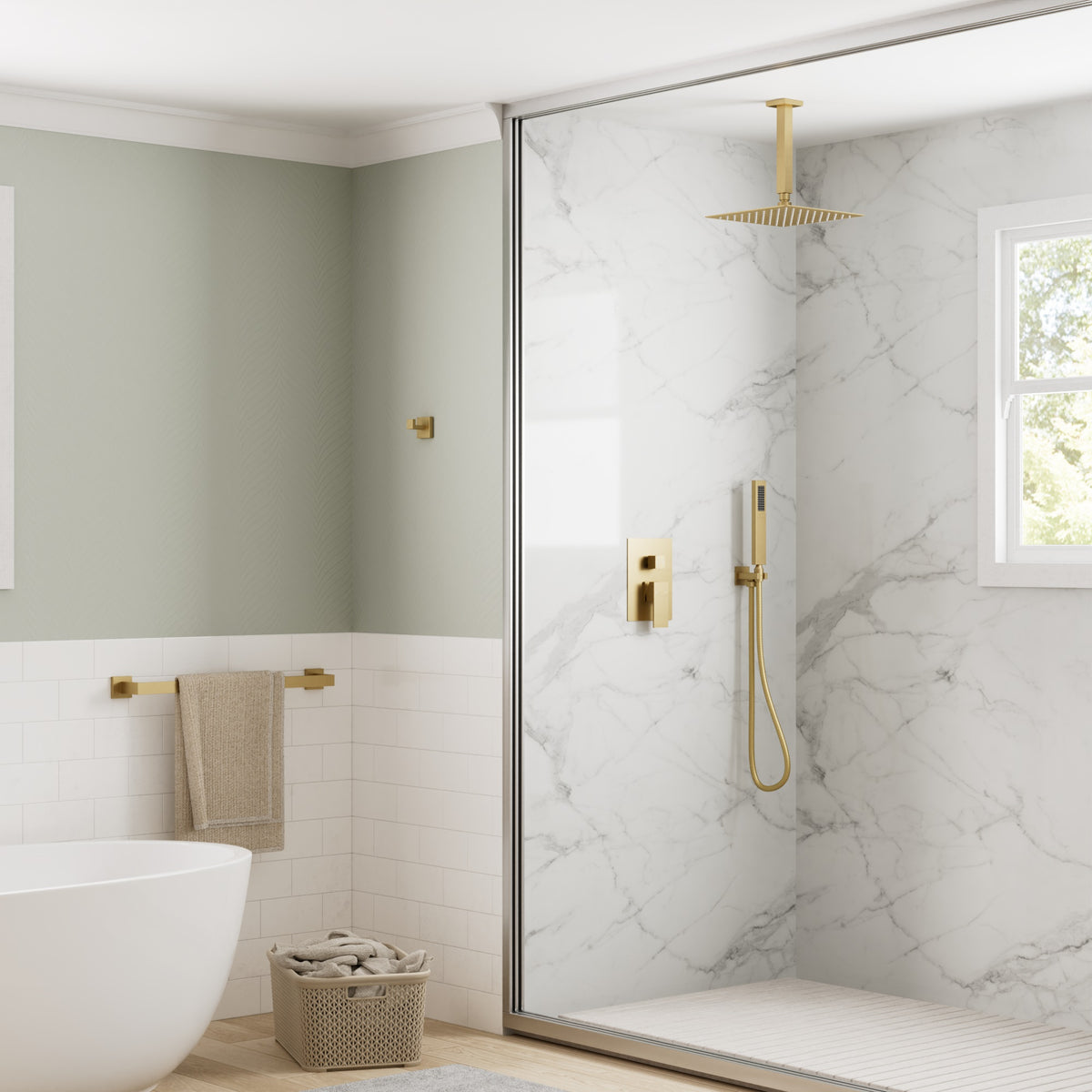 Ceiling-Mounted Rain Shower System with Adjustable Handheld Spray