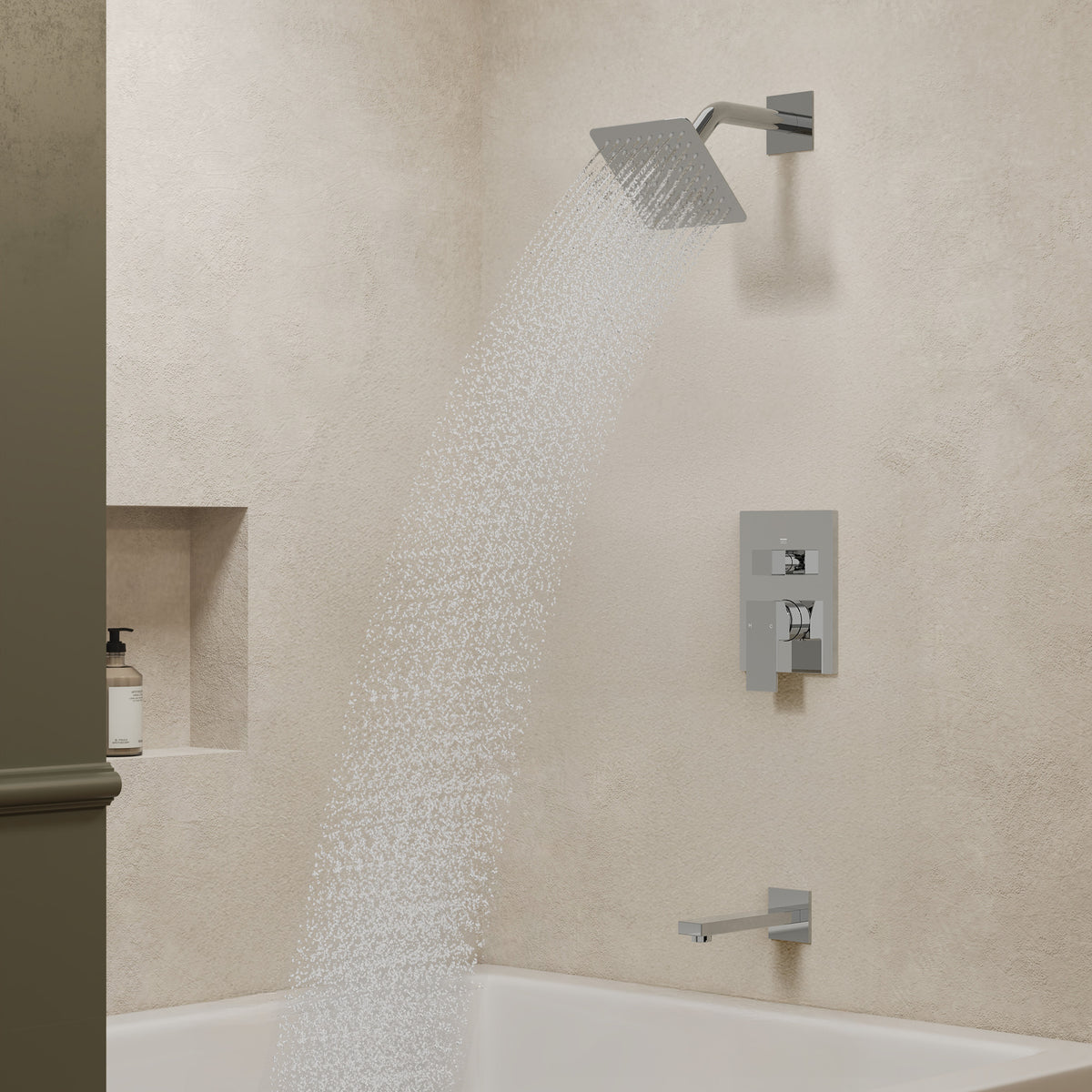 Square Wall-Mounted Shower System with Pressure-Balanced Tub Spout
