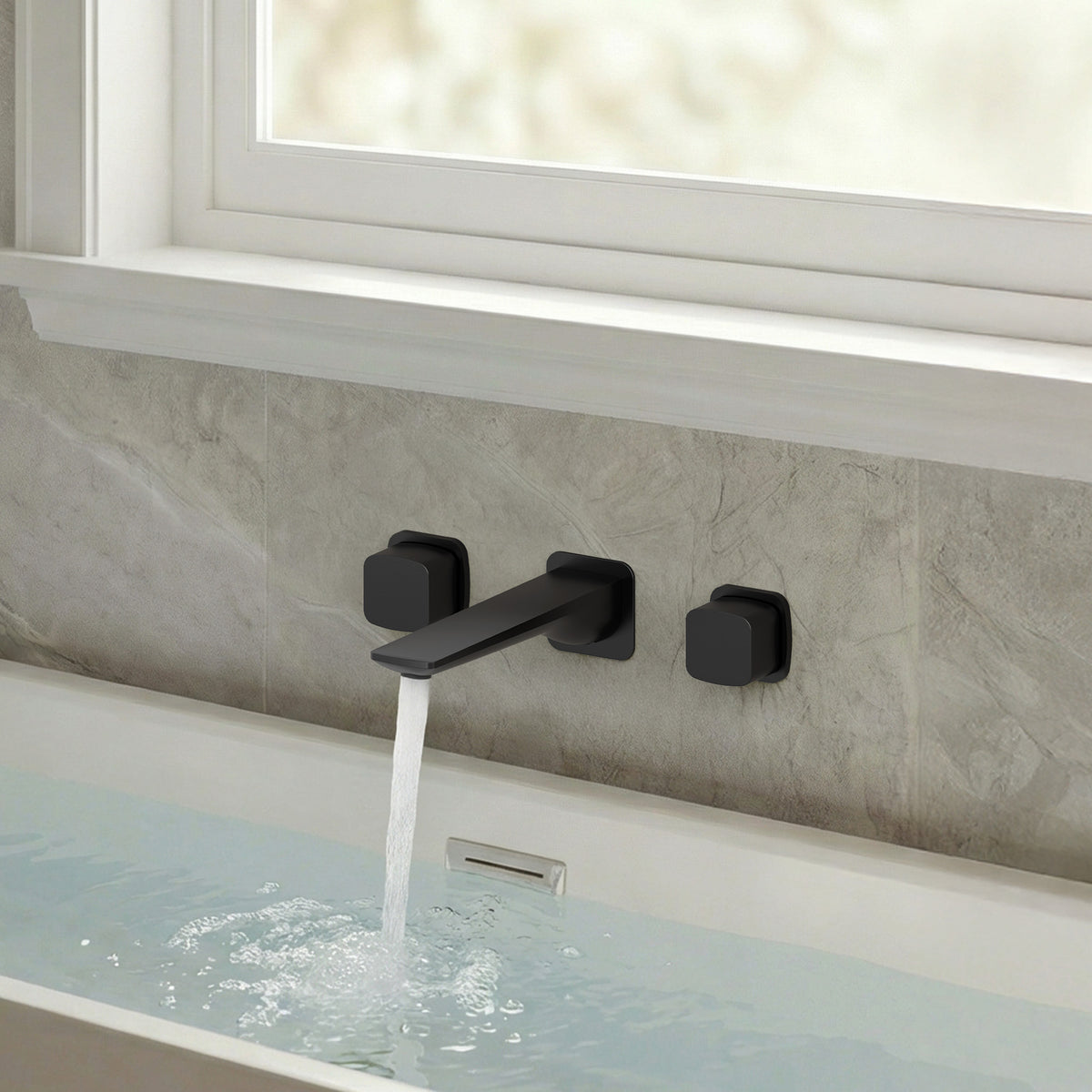 High-Flow Wall-Mounted Bathtub Faucet with Flat Spout and Dual Handles
