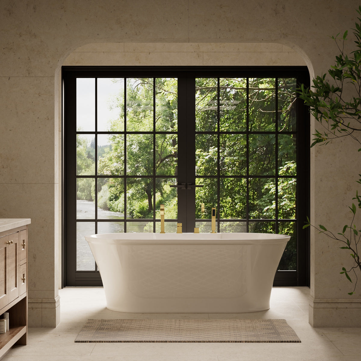 Deck-Mounted Waterfall Bathtub Faucet with Dual Handles and Hand Shower