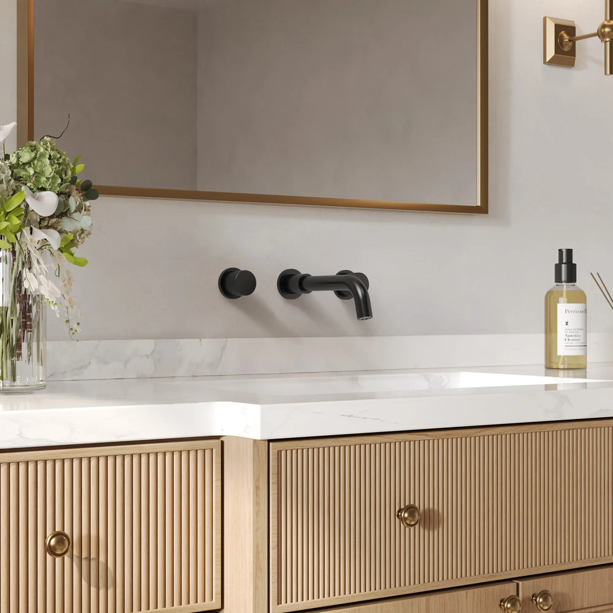 Two-Handle Wall-Mount Bathroom Sink Faucet With Pop-Up Drain