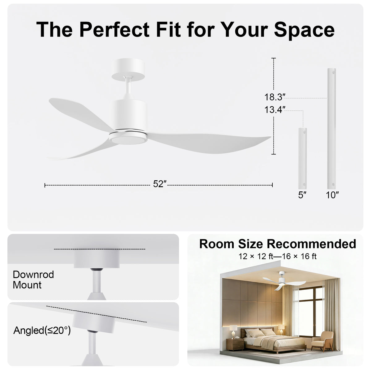 52-Inch Downrod Mount 3-Blade Ceiling Fan with Light and Remote Control