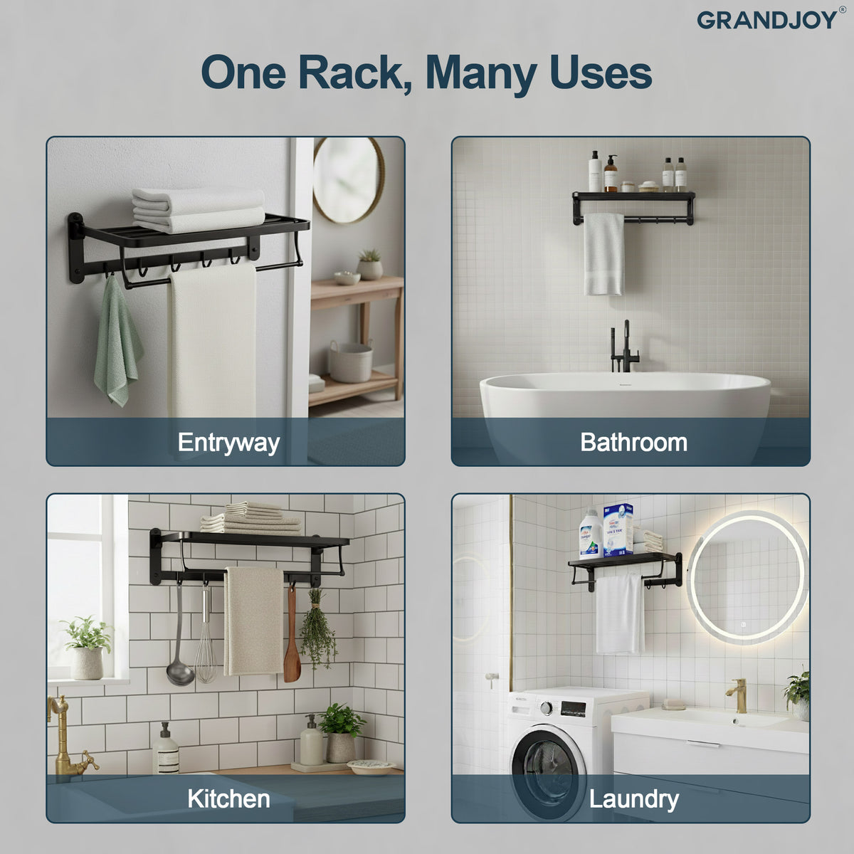 Foldable Wall-Mounted Towel Rack with Shelf and Five Hooks