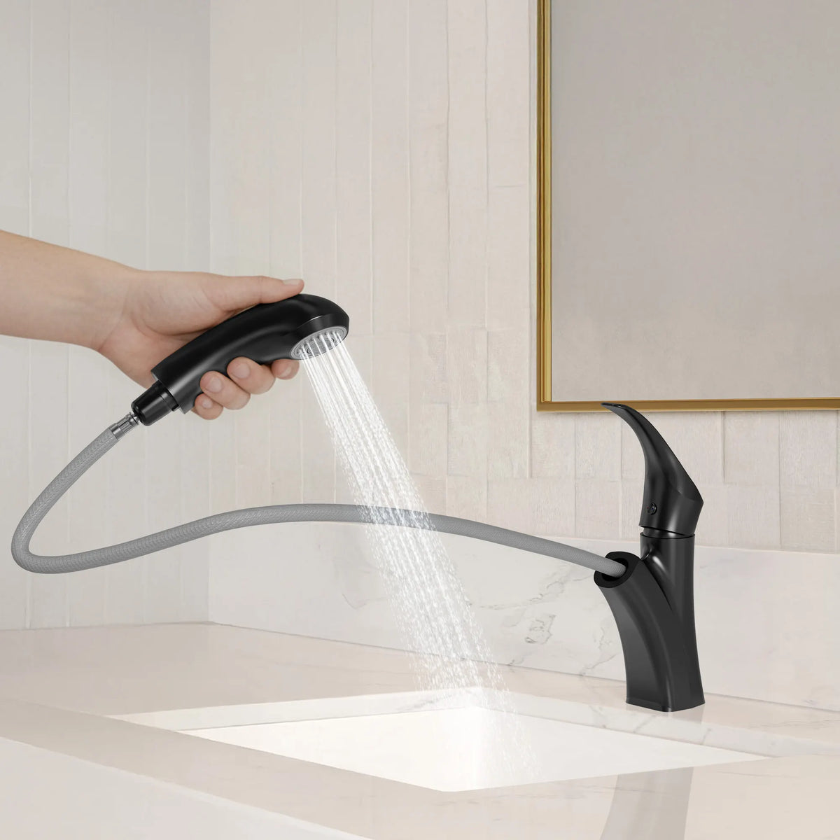 Single-Handle Pull-Out Bathroom Sink Faucet With Dual Spray Modes And Pop-Up Drain