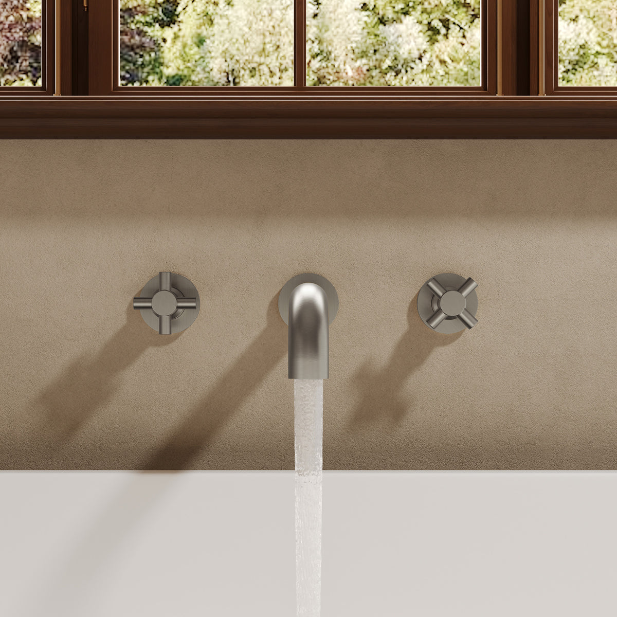 Wall-Mounted Long-Spout Roman Bathtub Faucet with Dual Handles