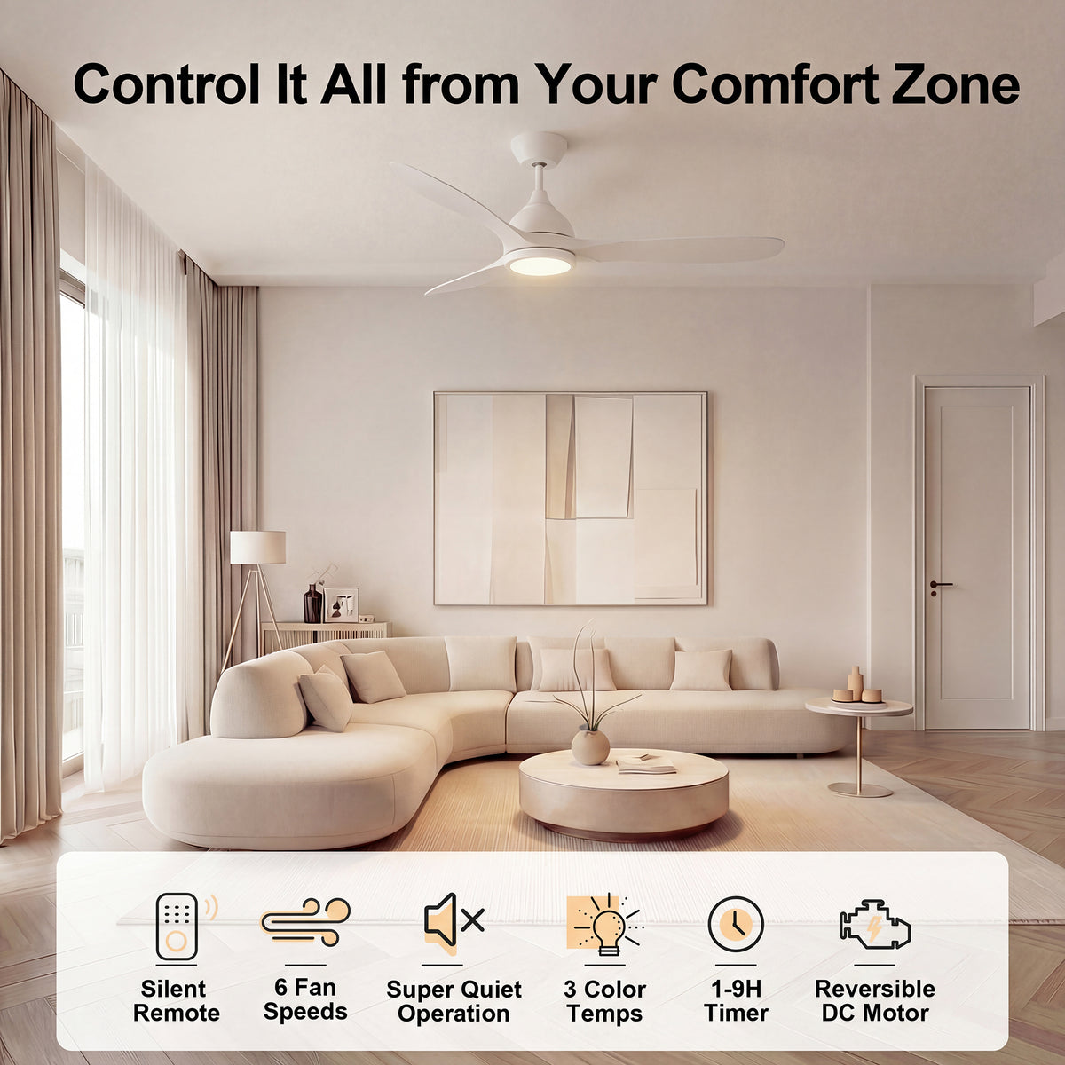 52-Inch Downrod Mount 3-Blade Ceiling Fan with Light and Remote Control