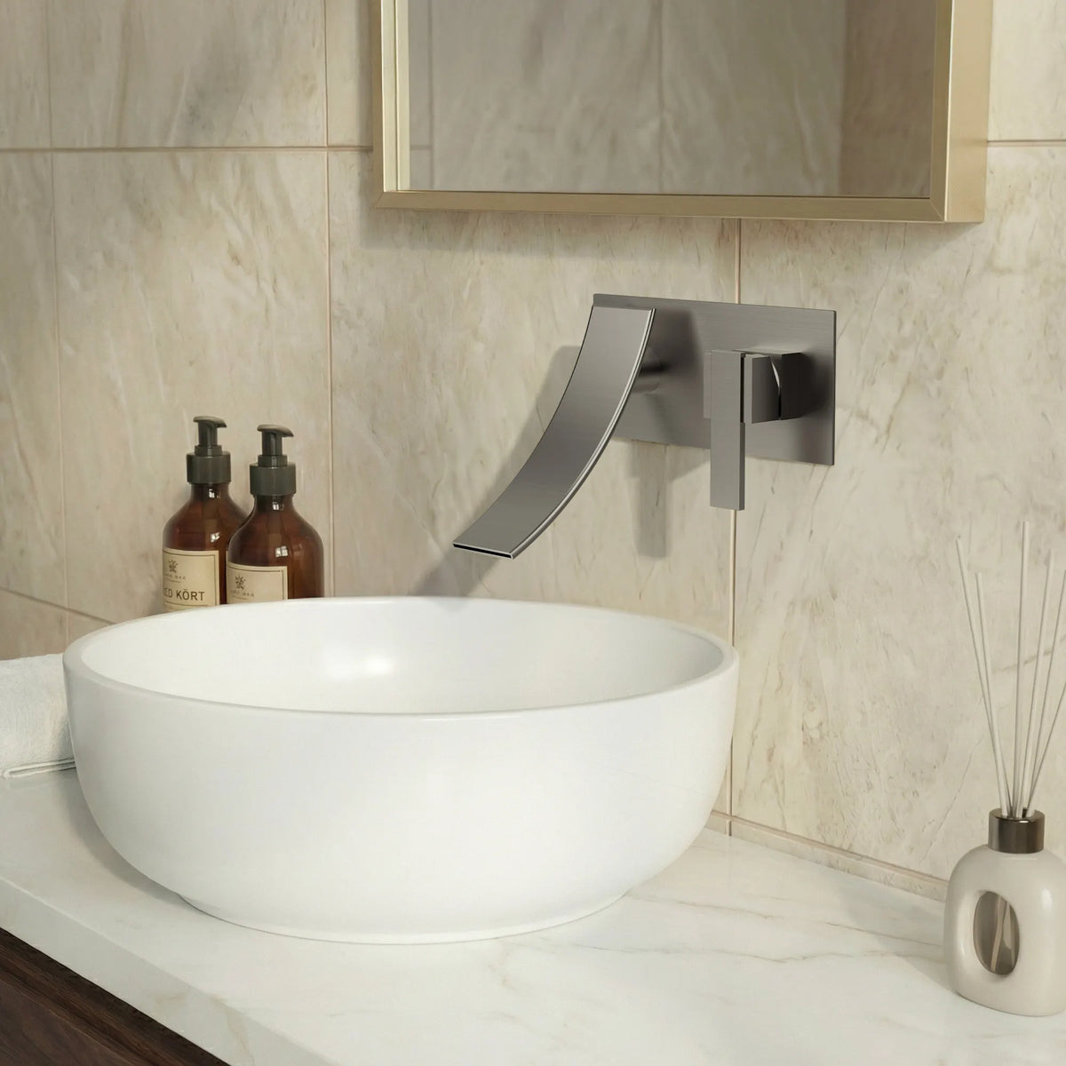 Single-Handle Wall-Mount Bathroom Sink Faucet With Waterfall Spout And Pop-Up Drain