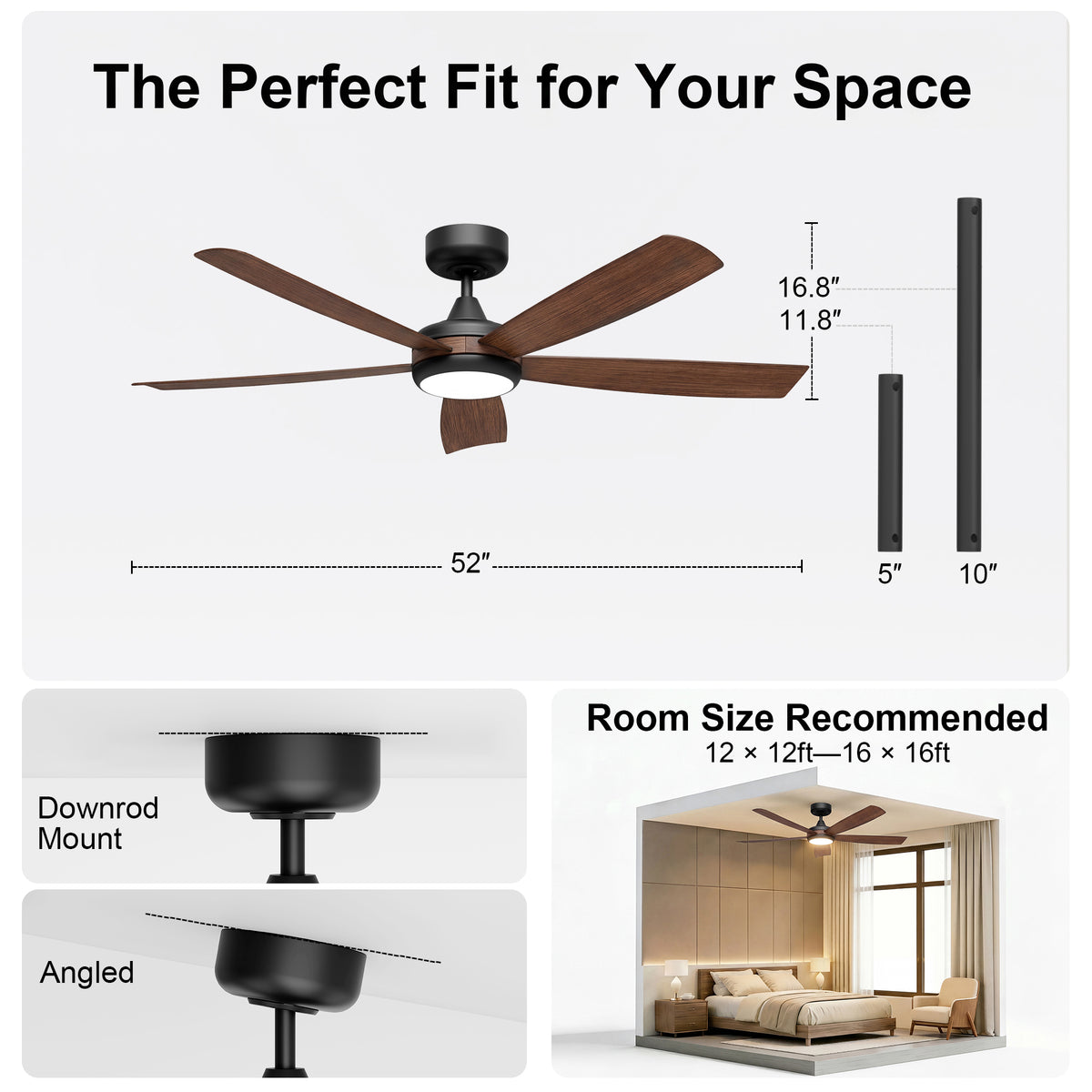 52-Inch Flush Mount 5-Blade Ceiling Fan with Light and Smart Control