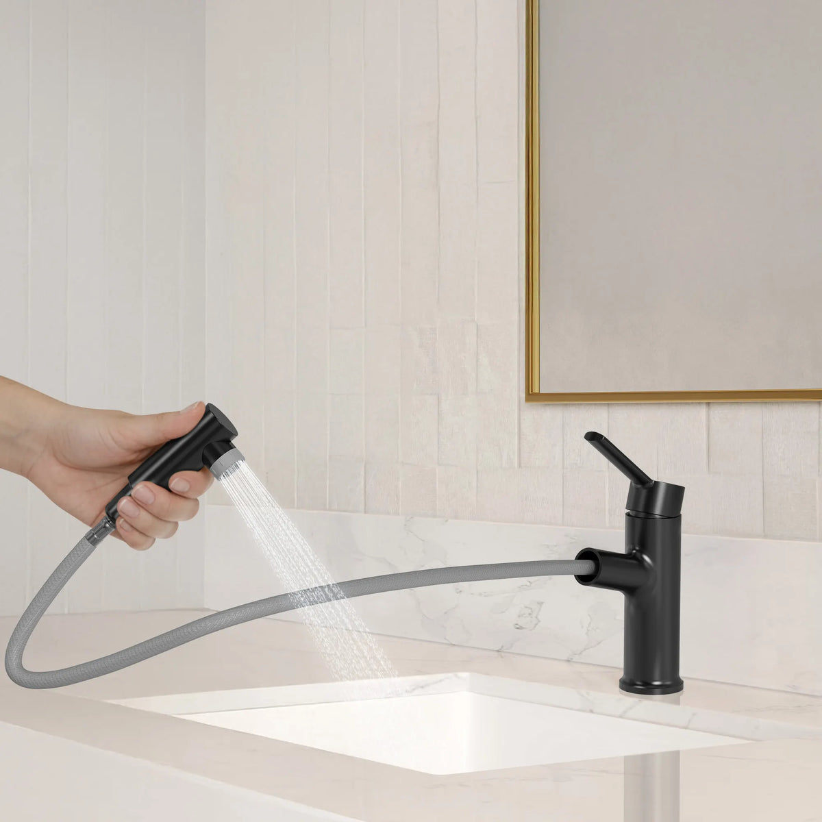 Single-Handle Pull-Out Bathroom Sink Faucet With Dual Spray Modes And Pop-Up Drain