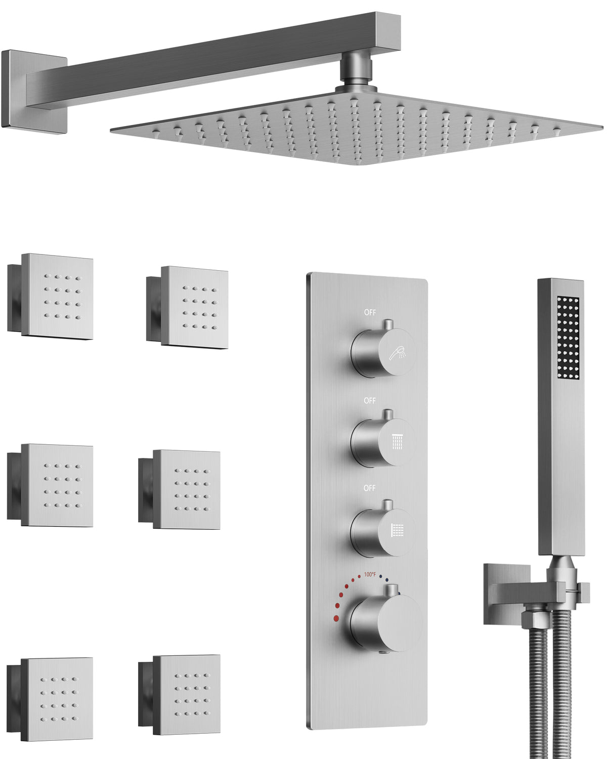 Wall-Mounted Thermostatic Rain Shower System with Body Jets and Handheld