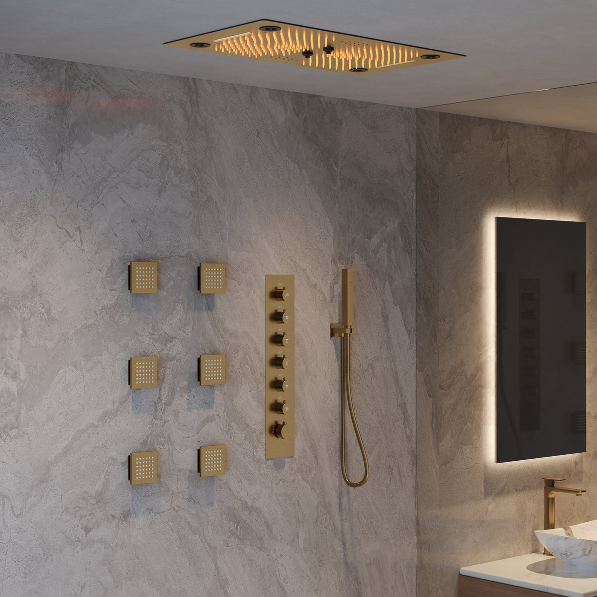 LED Music Ceiling-Mounted Thermostatic Shower System with Body Jets
