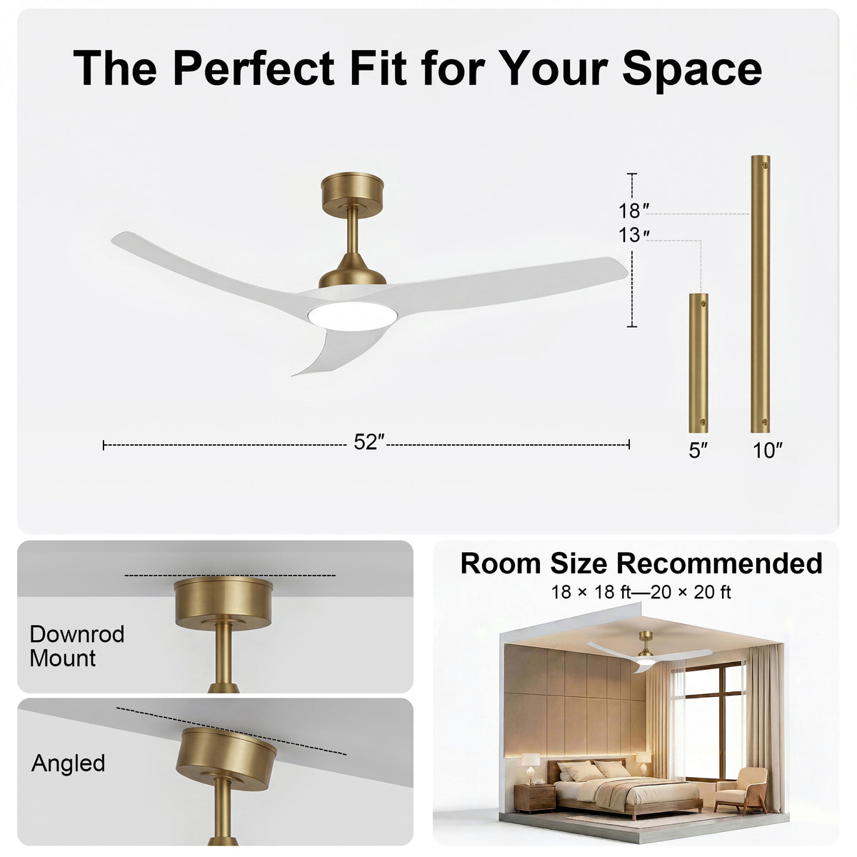 52-Inch Downrod Mount 3-Blade Indoor Outdoor Ceiling Fan with Light and Remote
