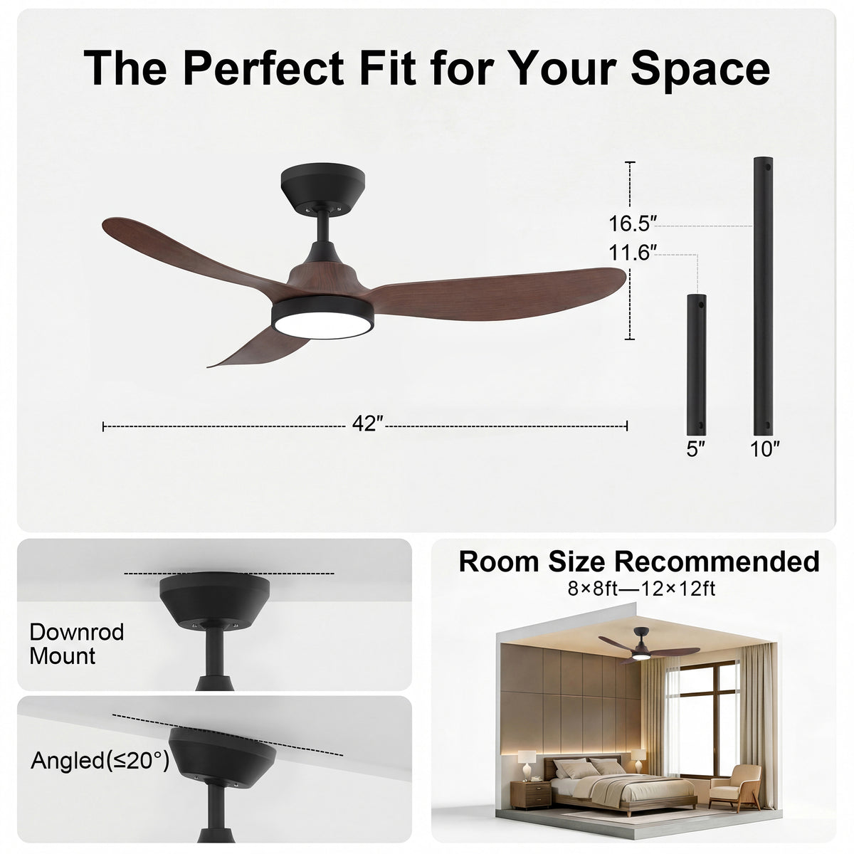 42-Inch Downrod Mount 3-Blade Ceiling Fan with Light and Remote Control