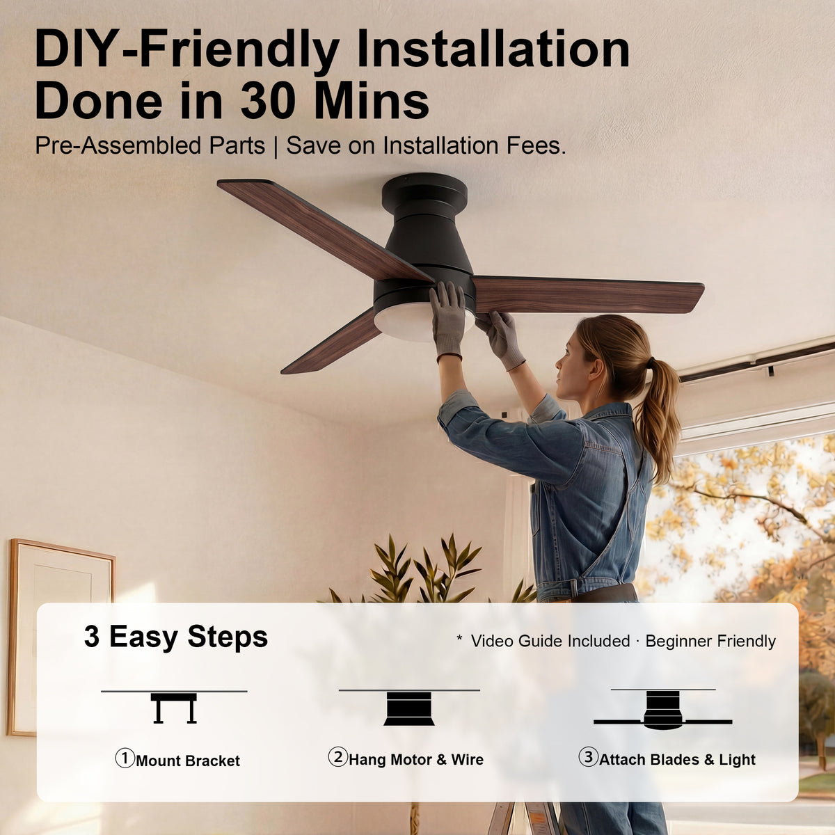 52-Inch Flush Mount 3-Blade Ceiling Fan with Light and Remote Control