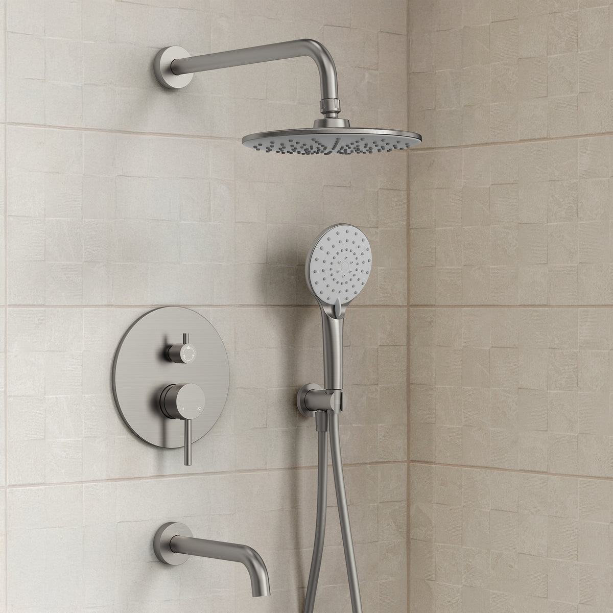 Round Wall-Mounted Shower System with Handheld and Tub Spout