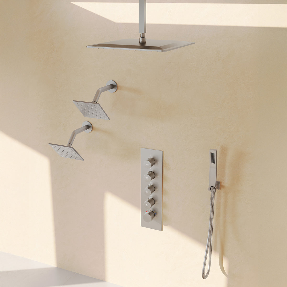 Ceiling-Mounted Triple-Head Shower System with Adjustable Handheld Spray