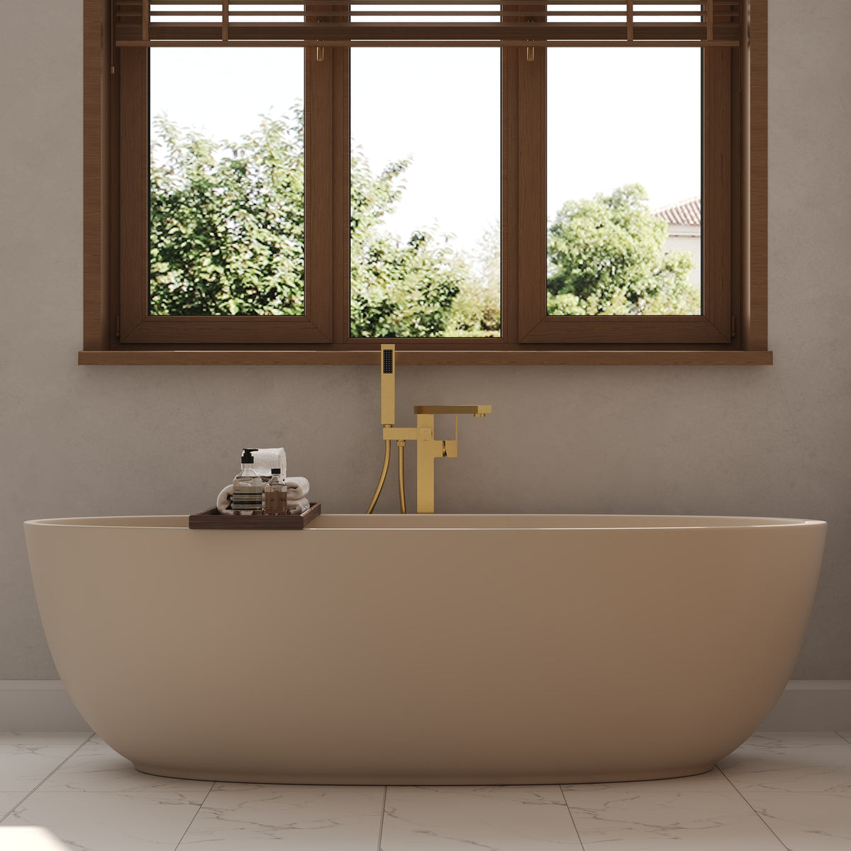 Freestanding Floor-Mounted Bathtub Faucet with Hand Shower and Swivel Spout