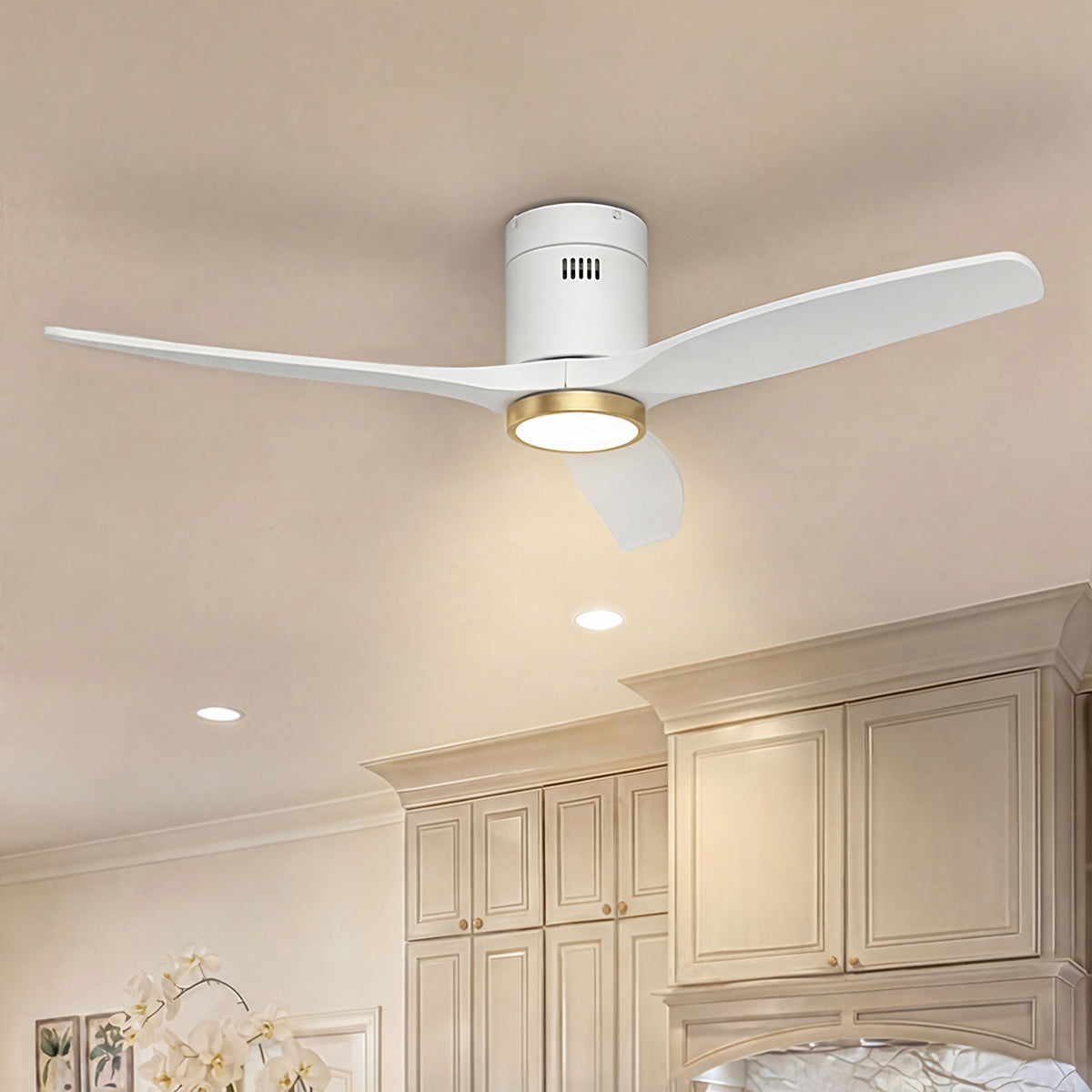 52-Inch Flush-Mount 3-Blade Ceiling Fan with Light, Wall Control and Remote