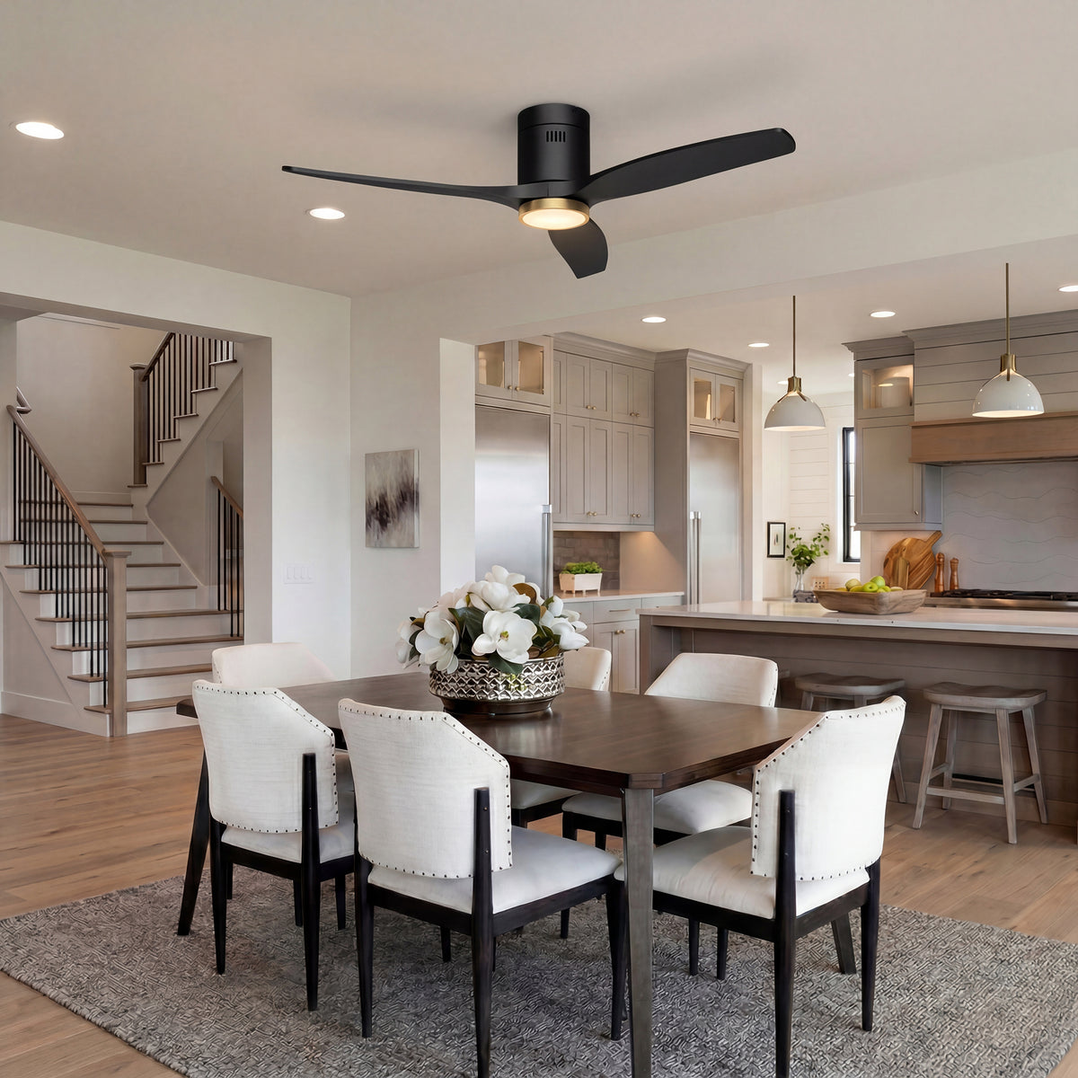 52-Inch Flush-Mount 3-Blade Ceiling Fan with Light, Wall Control and Remote