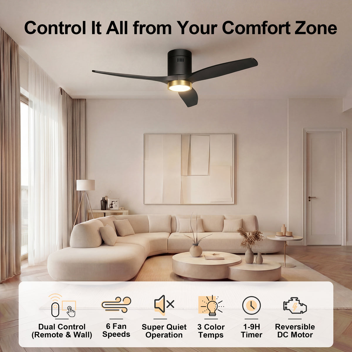 52-Inch Flush-Mount 3-Blade Ceiling Fan with Light, Wall Control and Remote