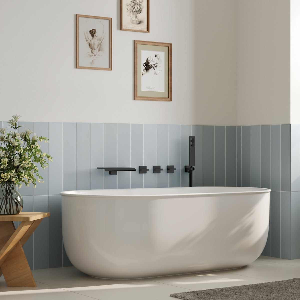 Wall-Mounted Floor-Mounted bathtub with Three Handles and Hand Shower