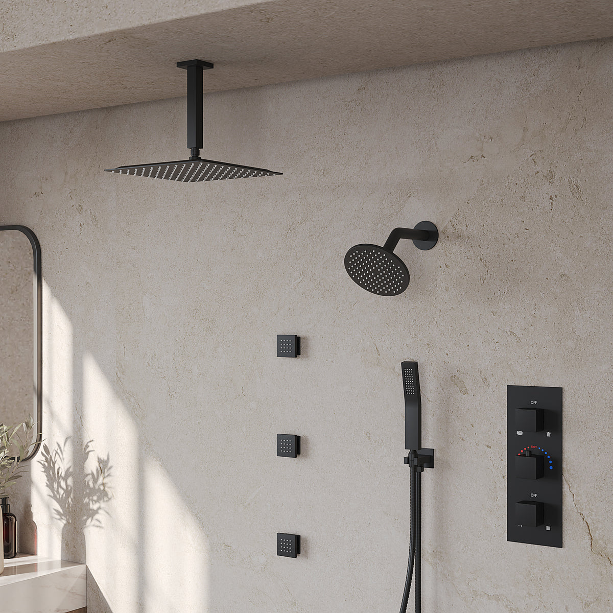 Ceiling-Mounted Multi-Spray Shower System with Adjustable Secondary Head
