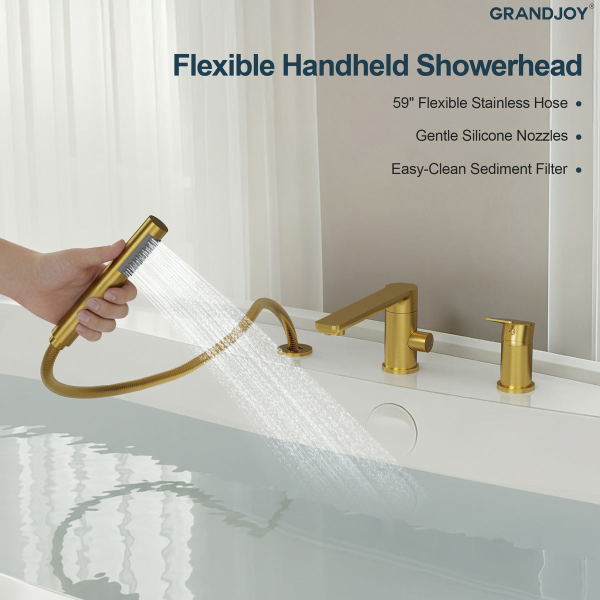 Low-Arc Deck-Mounted Bathtub Faucet with Hand Shower and Swivel Spout