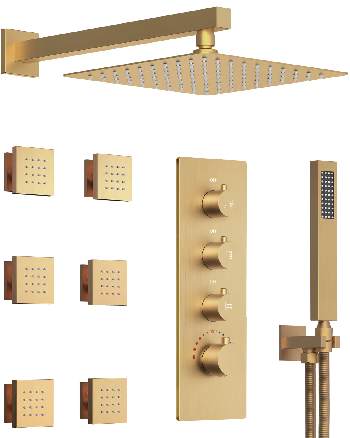 Wall-Mounted Thermostatic Rain Shower System with Body Jets and Handheld