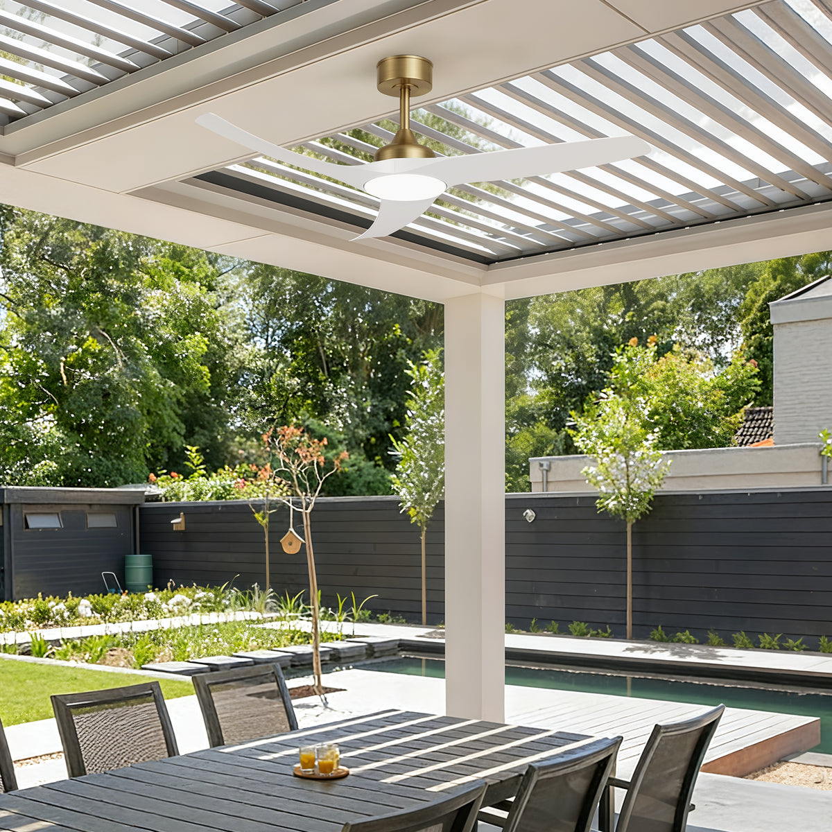 52-Inch Downrod Mount 3-Blade Indoor Outdoor Ceiling Fan with Light and Remote